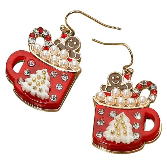Gingerbread Man Pearl Bubble Holiday Cocoa Mug Dangle Earrings - Picture 5 of 5